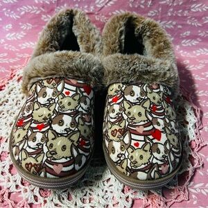 Skechers Bobs Women's Too Cozy Two Cuties Dog Print Faux Fur Slippers Sz 8